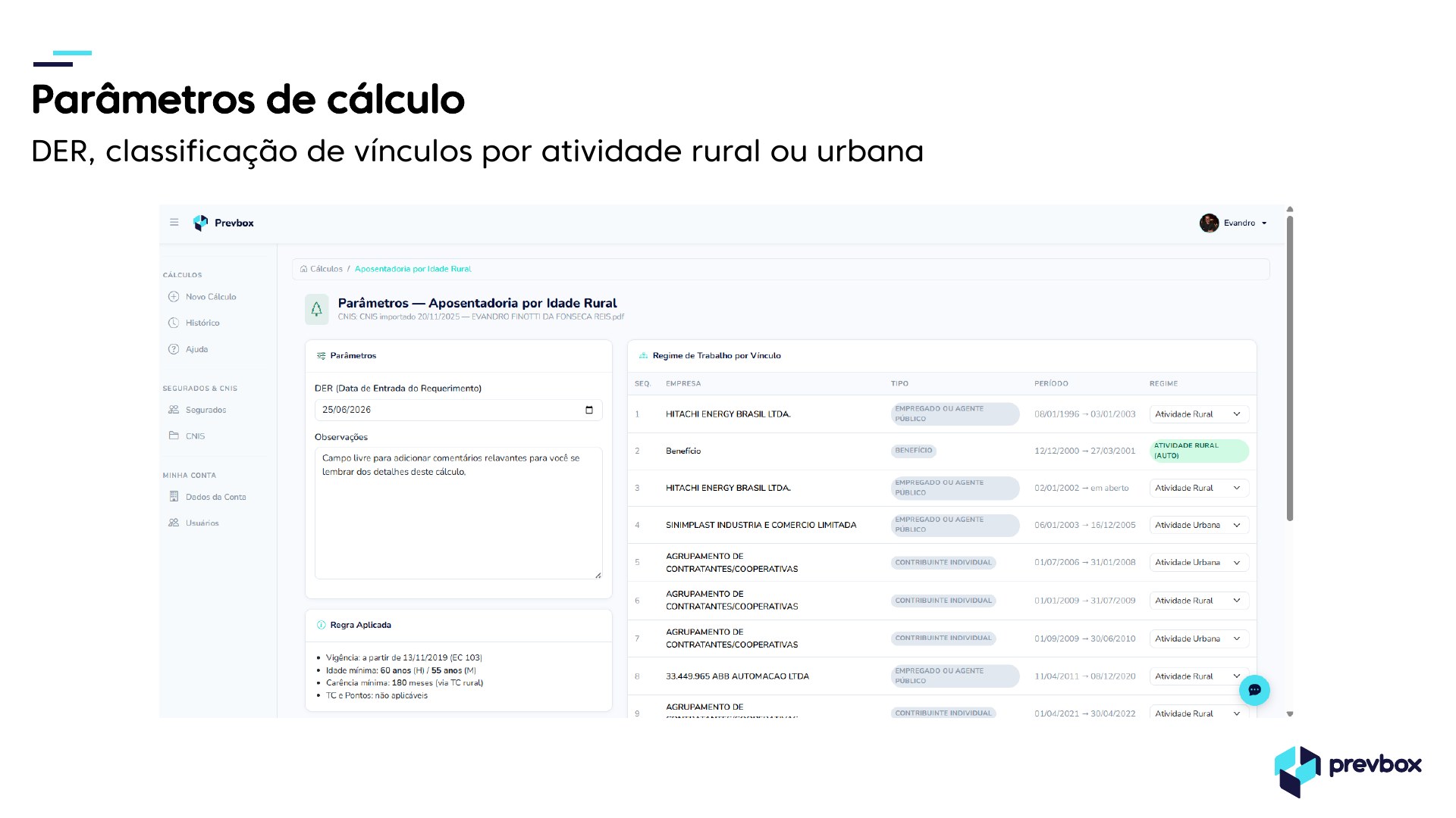 Parâmetros de cálculo